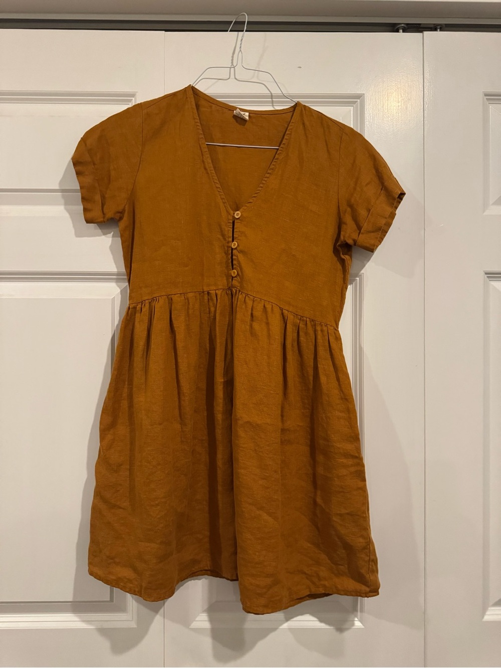 ROVE Sunchaser Dress XS 100% Linen Rust Turmeric Mini Dress w/ Pockets